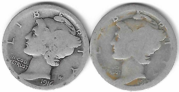 1916 and 1917 Mercury Dimes 90% Silver U.S. 10 Cent Coins