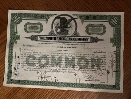 North American Company stock certificate 1932 green Original Dow Jones Industrial Average stock
