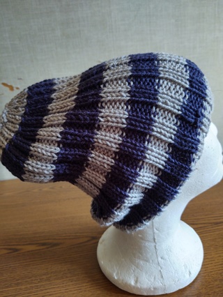 Hand Knit Gray and Navy Striped Hat 