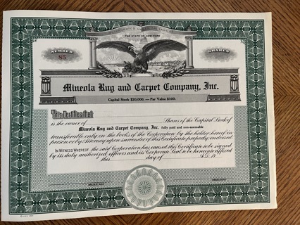 Mineola Rug & Carpet Company stock certificate From 1930's New York