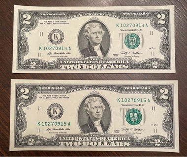 2- 2009 Series UNCIRCULATED SEQUENTIAL $2 Dollar Bills GREEN SEAL 