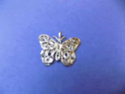 Silvertone filigree wide open wing butterfly necklace charm 1 inch wide