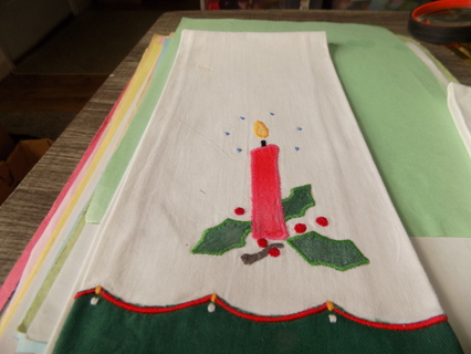 Christmas white linen tea towel lit candle appliques