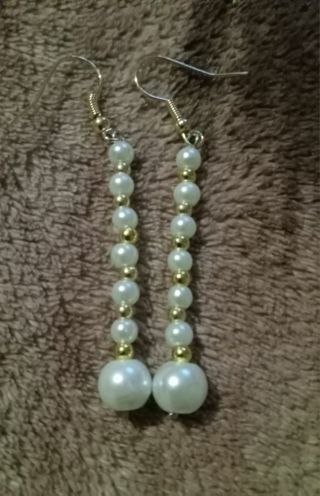 3 inch pearl & Gold Beaded Hook Earrings free shipping