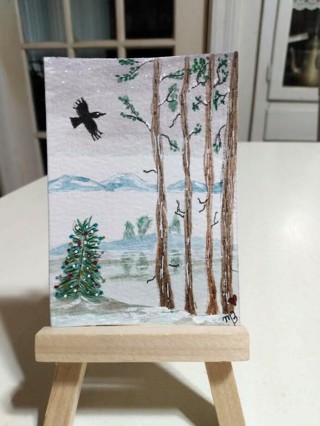 ACEO Original, Watercolor Painting 2-1/2"X 3/1/2" Christmas Tree & Crow by Artist Marykay Bond