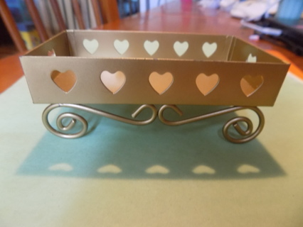 Vintage Home Decor Goldtone metal tray with sides & hearts cut out on swirled metal base