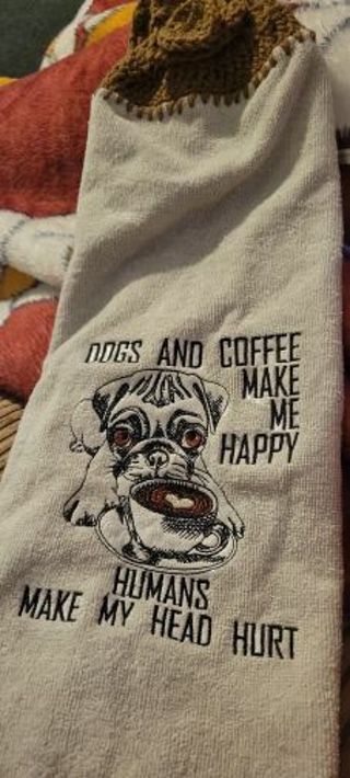 Dog embroidery towel with crochet top