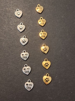 (12) Love My Dog Charms - (6) ea Gold/Silver