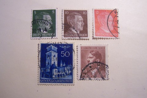 Lot of 5 Stamps from the Third Reich, Nazi Germany, Hitler Heads, 1930s-1940s