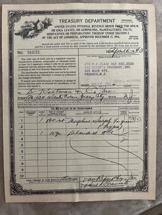 1943 Treasury Dept Order Form for Opium, Coca, etc. Issued for Morphine, Dilaudid