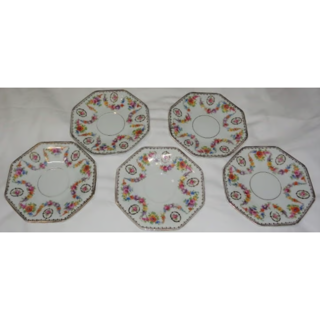 Vtg Antique 20s Bavaria Schumann 25139 Floral Gilded Octagon Saucers Plates x5