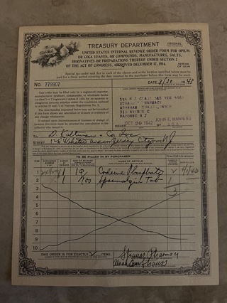  1943 Treasury Dept Order Form for Opium, Coca, etc. Issued for 1oz Codeine Phosphate,100 Spasmalgin