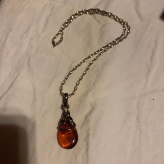 Vintage Sterling Silver Genuine Amber Pendant wit Chain