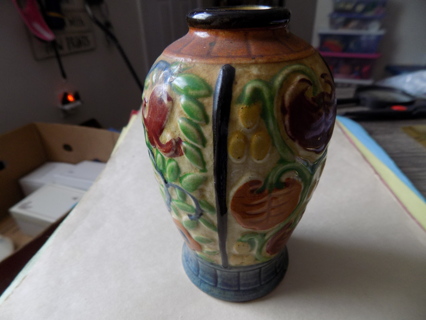 vintage JAPAN 5 1/2 tall vase round, fat at top narrow bottom textured veggies, flowers  blue base