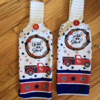 Two Crocheted Decorative July 4th Kitchen Towels .