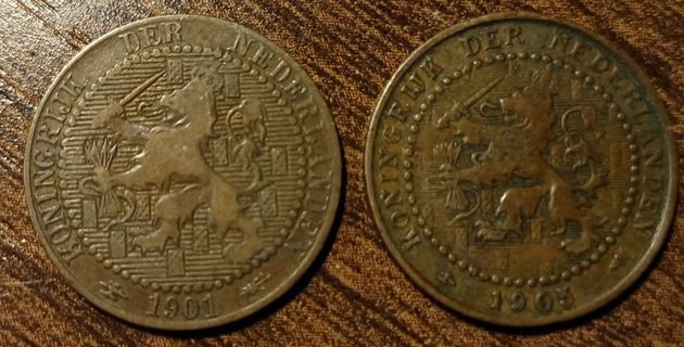 1901 & 1905 Netherlands One Cent Full bold dates!