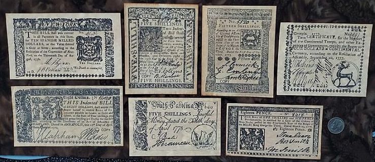 7 Pieces Antiqued Colonial & Revolutionary Reproduction Currency