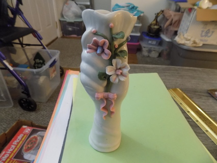 8 inch tall porcelain hand shaped bud vase holds 3D pink, white flowers, ribbon