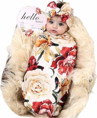 NEW Baby Swaddle Receiving Blanket & Matching Headband Set Fall Floral Design, NEW!