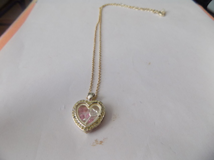 Heart shaped floating locket outlined in clear rhinestones, key charm & pink stones