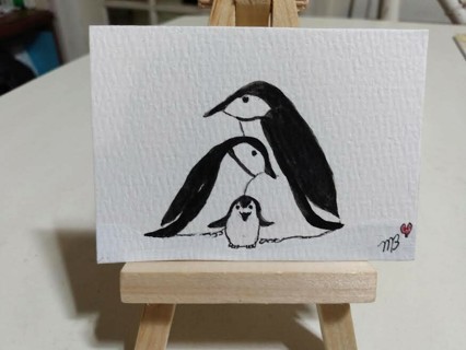 ACEO Original, Watercolor Painting 2-1/2"X 3/1/2" Tango Penguin Family by Artist Marykay Bond