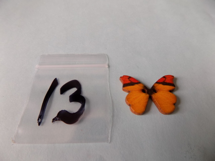 Wood butterfly button # 13 yellow, orange, black