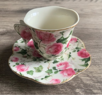 Rose Pattern Butterfly Handle Espresso Coffee Cup & Saucer Preowned