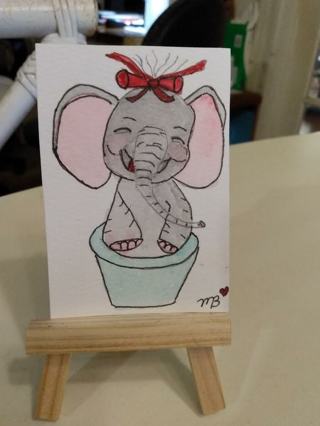 ACEO Original, Watercolor Painting 2-1/2"X 3/1/2" Baby Elephant Bath by Artist Marykay Bond