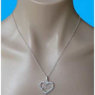 Silver Tone Metal Chain MOM Heart Pendant Clear Crystal Rhinestone Necklace