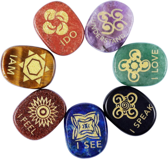 [NEW] 7-Piece Chakra Stones Engraved English Symbols Polished Palm Stones for Reiki Crystal Healing