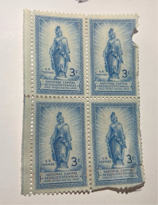 FREE: 1950 NATIONAL CAPITAL SESQUICENTENNIAL BLOCK OF FOUR 