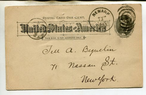 1893 Tell A. Beguelin-N.Y.C. Postal Card