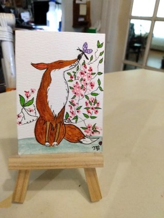 ACEO Original Watercolor Painting 2-1/2"X 3/1/2 Fox and Dragonfly Little Friends by Artist Marykay 