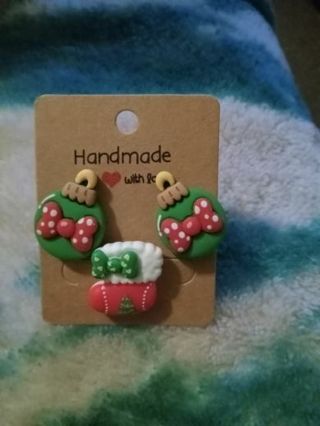 Christmas ball ornaments earrings and stocking adjustable ring set