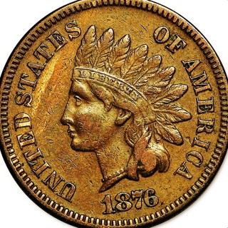 1876  Indian Head Cent, Sharp Definition, Slight Use, Insured, Refundable. 