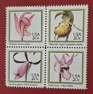 One Block of 4 Mint. 20 Flower US Postage Stamps