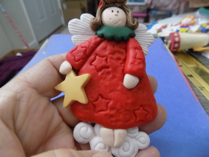 5 inch tall polymar clay angel ornament in red gown with stars brown hair 2001