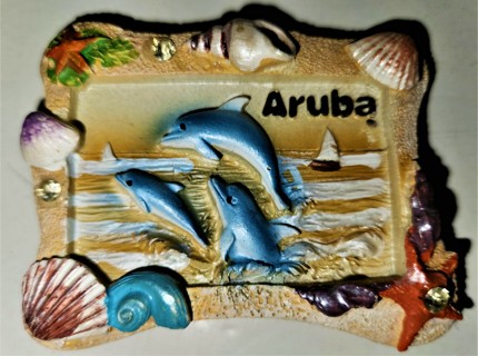 Miniature ceramic Aruba nautical souvenir - size 3" x 2 1/4" - dolphins