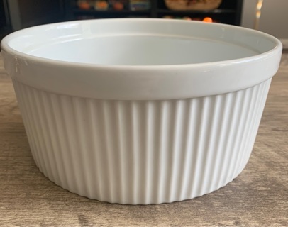 White Vertical Striped Ceramic Casserole Dish Unmarked