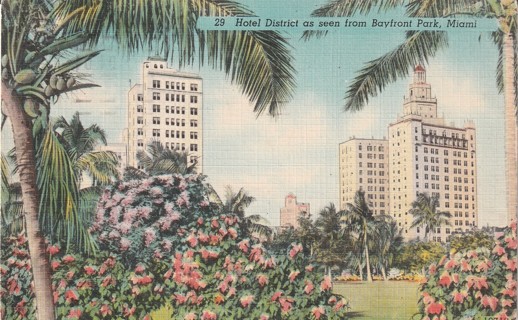 Vintage Used Postcard: (o): 1952 Hotel District from Bayfront Park, Miami, FL