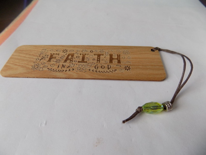 Wooden Faith in God bookmark 5 x 1 1/2 inch green bead on string