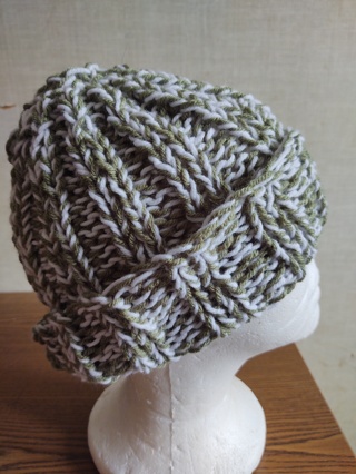 Hand Knit Green and White Slouch Hat