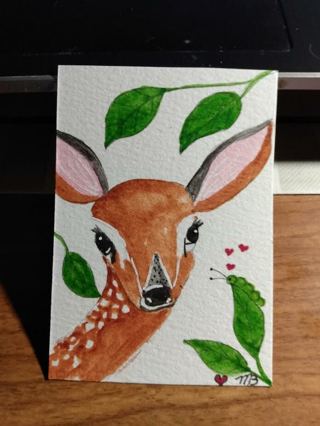 ACEO Original, Watercolor Painting 2-1/2"X 3/1/2" Fawn & Little Friends by Artist Marykay Bond