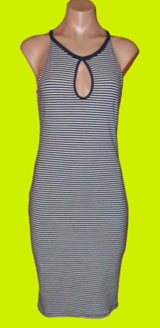 New Jr Junior L Large Navy Blue White Stripe Bodycon Fitted Dress Keyhole Front Sleeveless