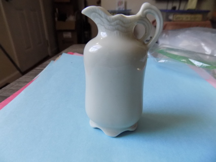 JAPAN vinatage all white 6 inch tall mini pitcher fancy spout, double handle inside each other