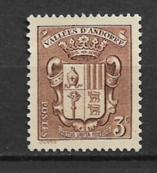 1936 Andorra (French) Sc67 3c Coat of Arms no gum