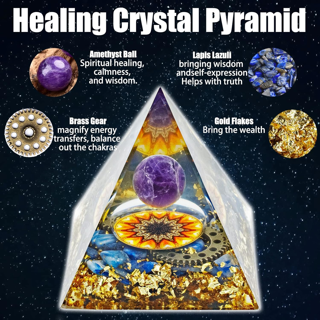 Orgone Amethyst Crystal Ball & Gear Orgonite Pyramid -  Absorbs Radiation, Negative Energy, & Stress