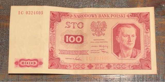 Vintage 1948 Poland 100 Zlotych Banknote 