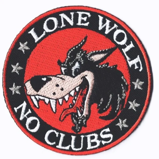 Lone Wolf No Clubs Biker Red Background Iron on Embroidered Patch