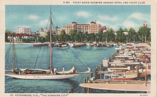 Vintage Used Postcard: 1937 Yacht Basin, Soreno Hotel, St Petersburg, FL